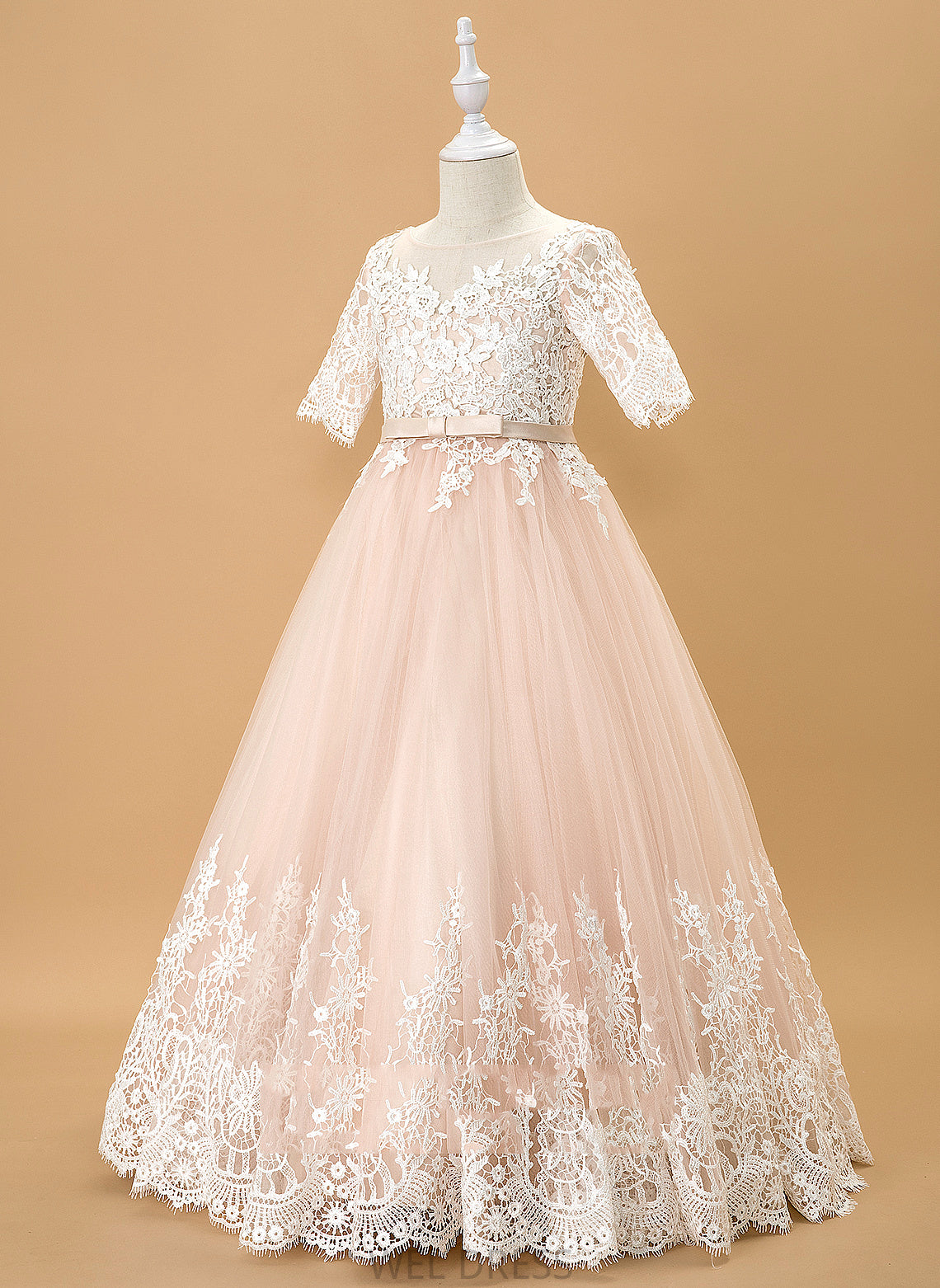 Sleeves Floor-length Dress Bow(s) - Scoop 1/2 Flower Girl Dresses Flower With Tulle/Lace Neck Mylie Ball-Gown/Princess Girl