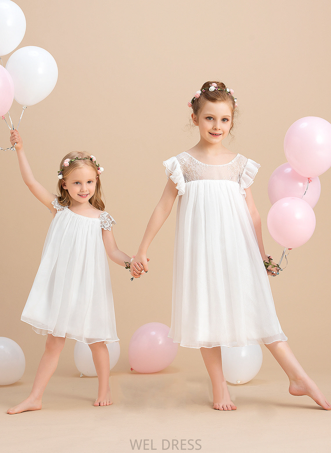 A-Line Sleeves Lace Scoop - Flower Girl Dresses Flower Dress Chiffon Short Knee-length Val With Neck Girl