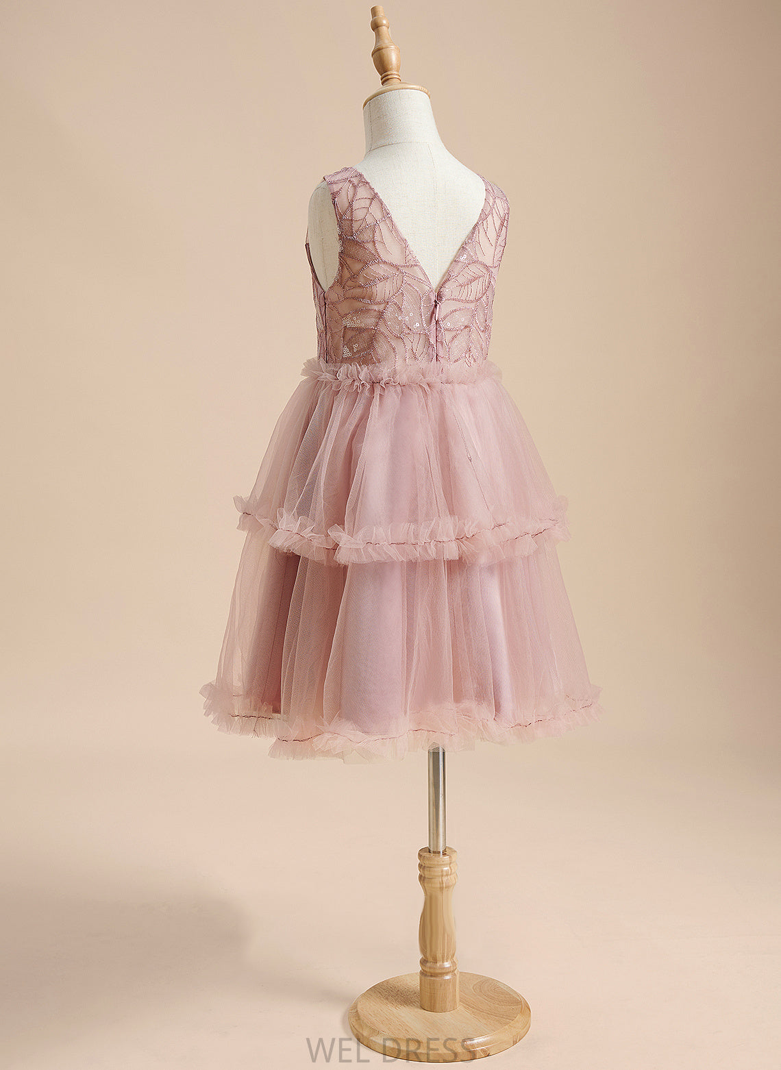 Sleeveless A-Line Abigayle Sequins/Pleated/V - Neck Flower Scoop Girl With Flower Girl Dresses Back Tulle Dress Knee-length