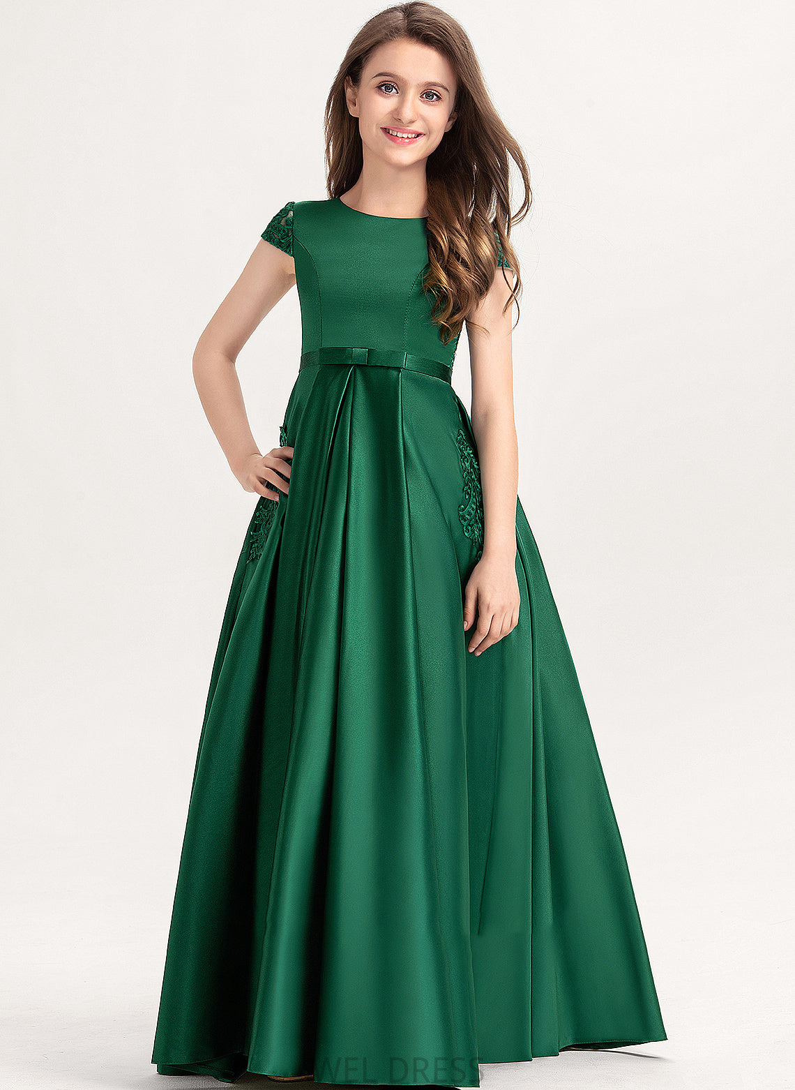 Scoop Ball-Gown/Princess Junior Bridesmaid Dresses Pockets Lace Satin Floor-Length With Neck Bow(s) Jamya