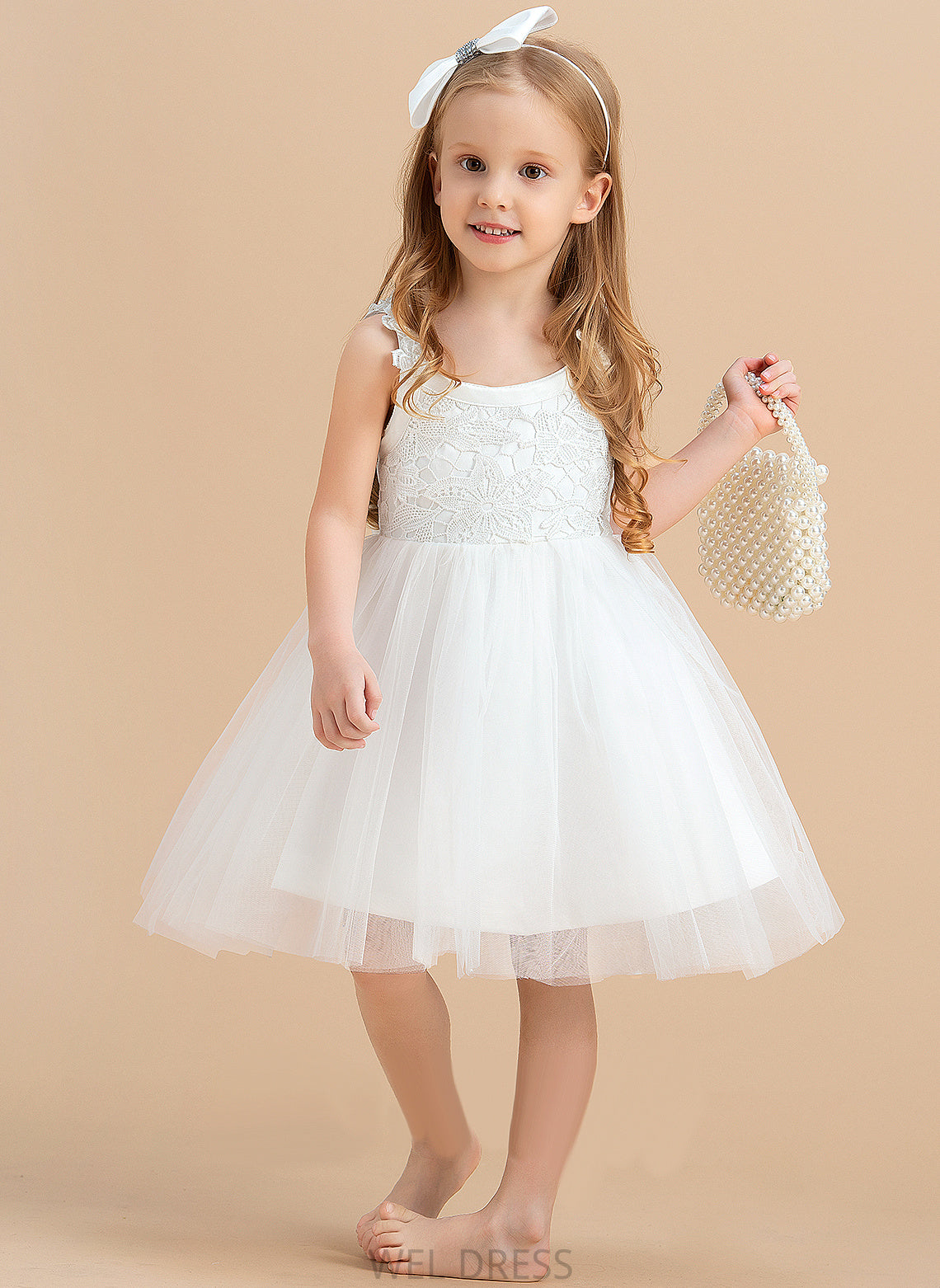 With Scoop Back Flower(s)/V Sleeveless Flower Girl Dresses - Satin/Tulle/Lace Presley Neck Knee-length Dress Flower Girl A-Line