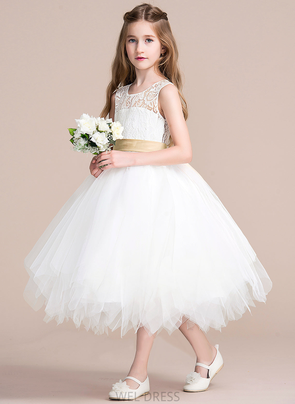 Neck Tulle/Lace Girl sash) (Detachable Scoop Tea-length With Sash/Back Hole Flower Girl Dresses Flower Sleeveless A-Line Dress - Ashlyn