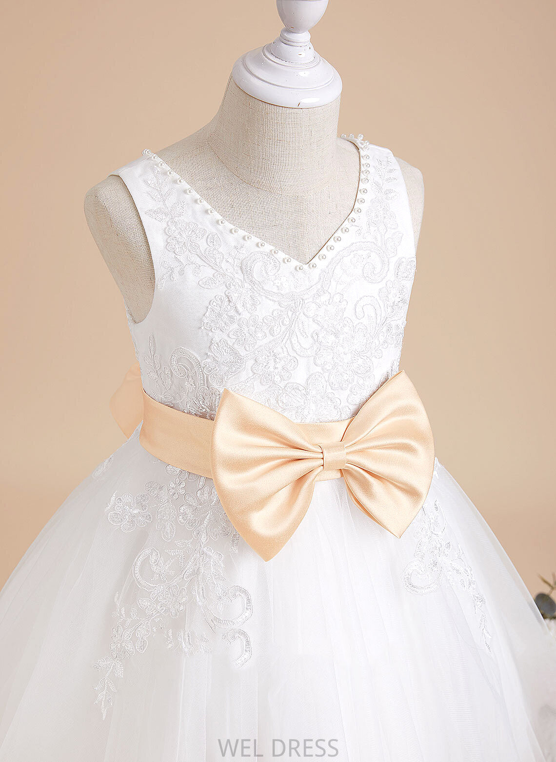 V-neck Flower Girl Dresses Knee-length A-Line - With Girl Flower Sash/Beading/Bow(s) Tulle/Lace Ellen Dress Sleeveless