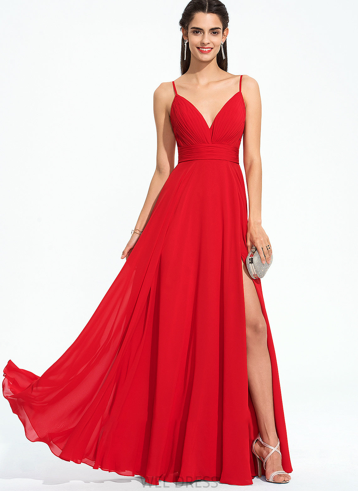 Ruffle A-Line Split With Floor-Length Angela Front V-neck Prom Dresses Chiffon