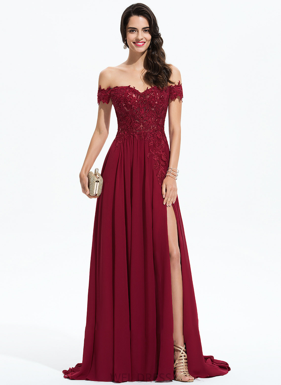 Chiffon With Lace Kimora Sweep A-Line Sequins Off-the-Shoulder Prom Dresses Train