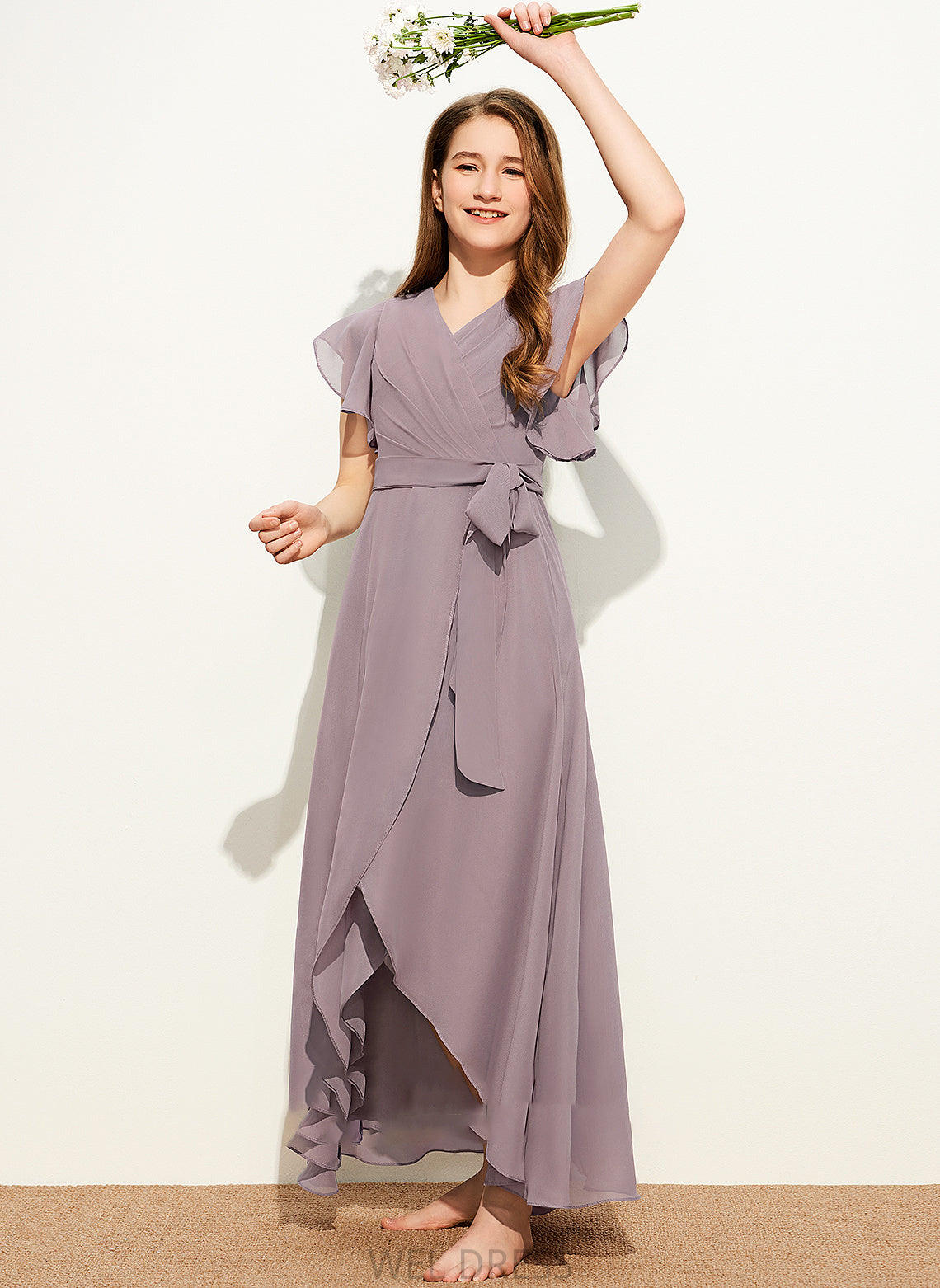 Asymmetrical Junior Bridesmaid Dresses Bow(s) A-Line Chiffon With Peyton Ruffle V-neck