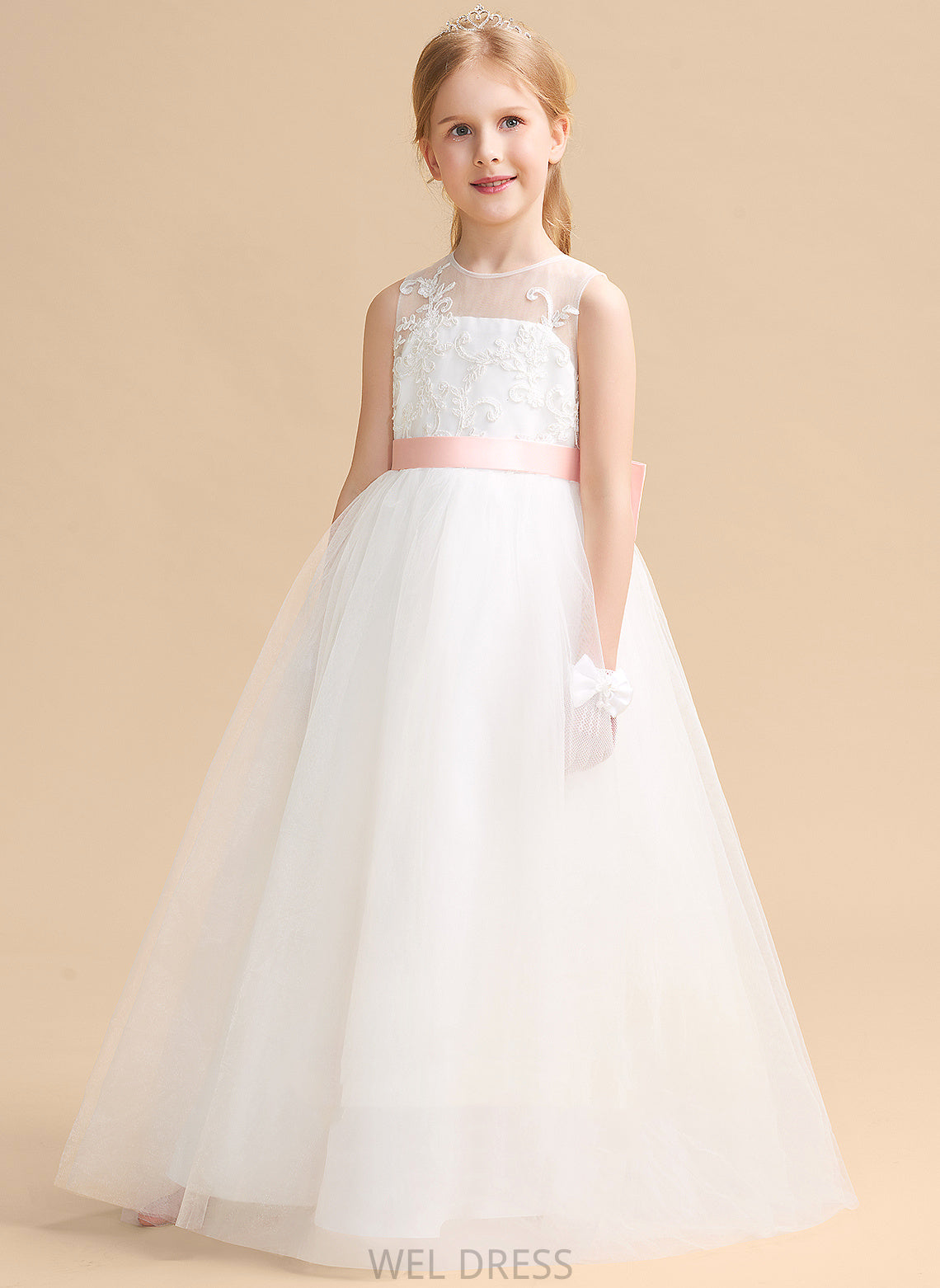 With A-Line Flower Girl Dresses Bow(s) Scoop Floor-length Dress sash) Sleeveless Satin/Tulle/Lace (Undetachable Flower Neck Kaylah - Girl