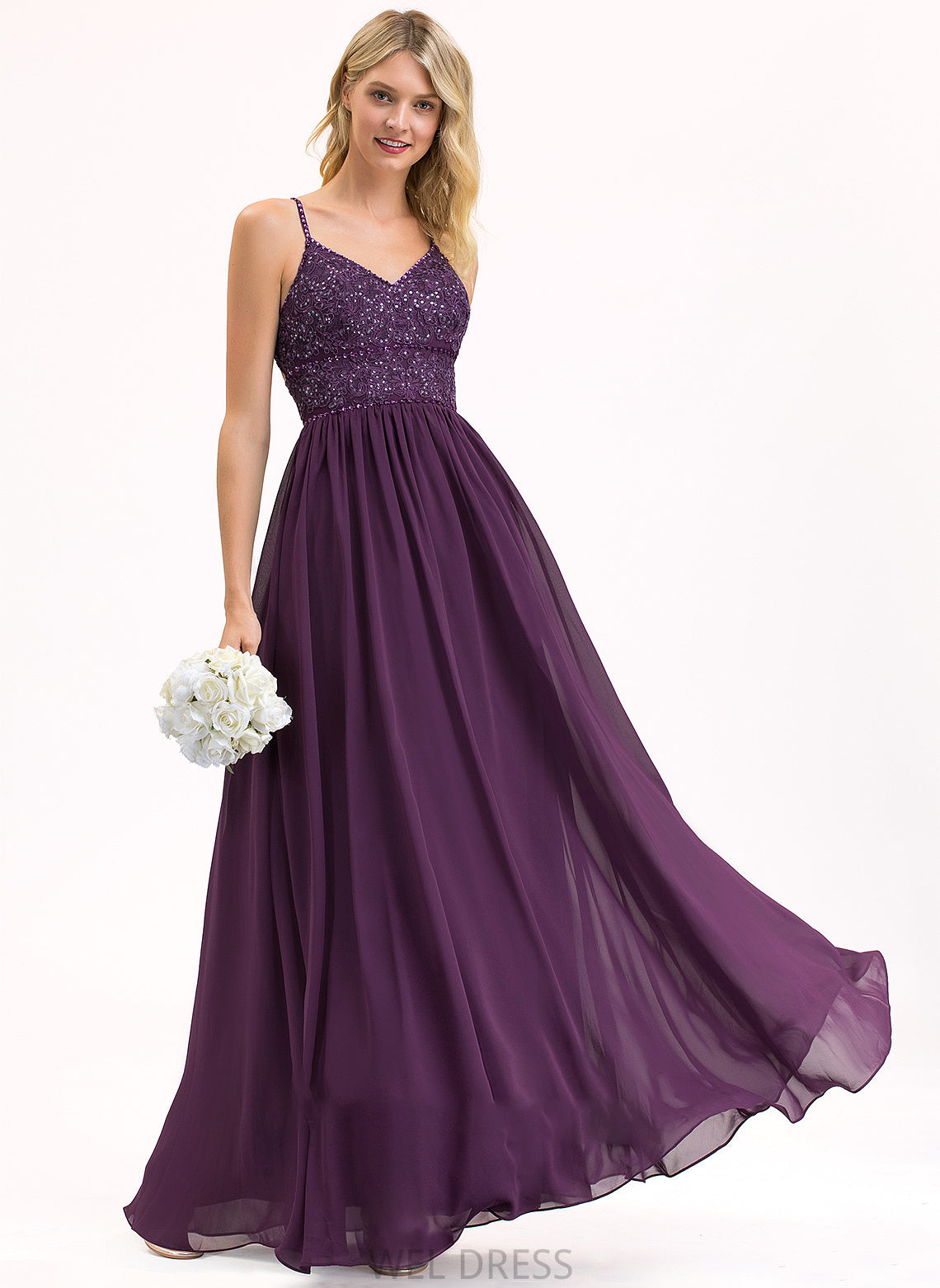 Sequins V-neck With Beading Prom Dresses Floor-Length Miley Chiffon Lace A-Line