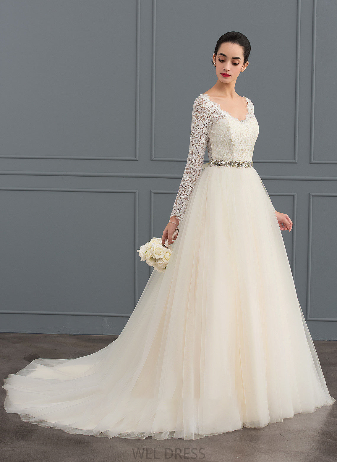 Ball-Gown/Princess Train Court Amari Tulle Wedding Dresses Dress Lace V-neck Wedding