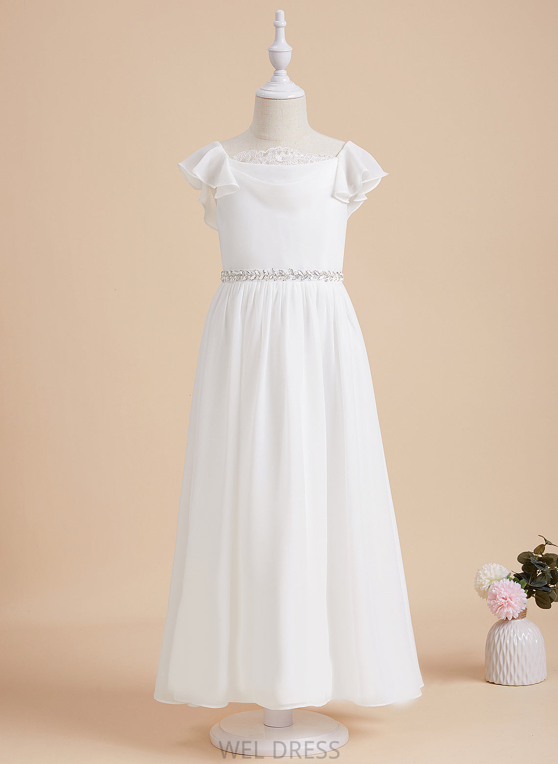 Ashly With Neck Ankle-length A-Line Chiffon/Lace Girl Short Sleeves Dress Flower Girl Dresses - Beading Flower Scoop