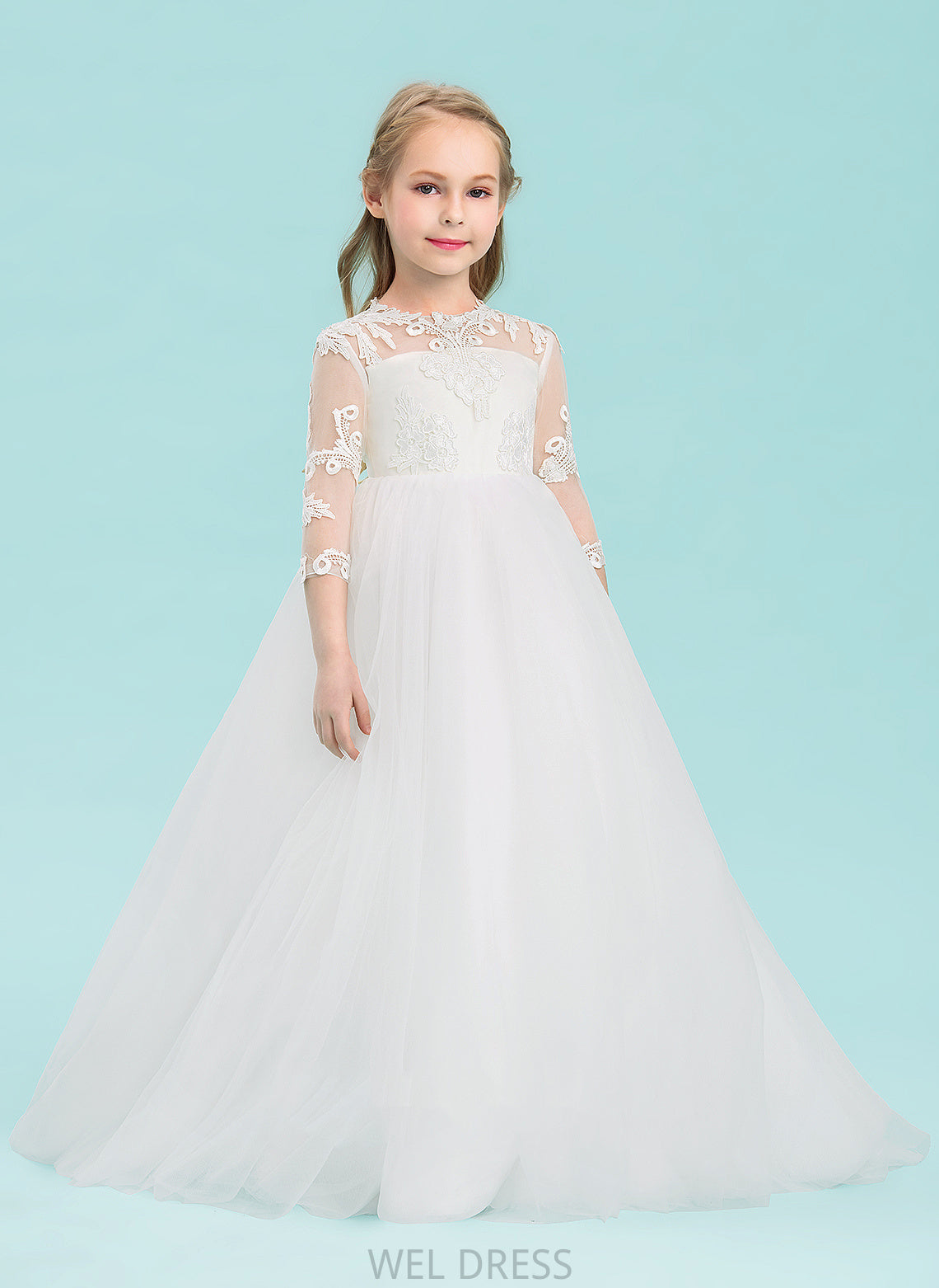 Flower 3/4 Myla Tulle Neck Ball-Gown/Princess Girl Dress Scoop Floor-length Flower Girl Dresses - Sleeves