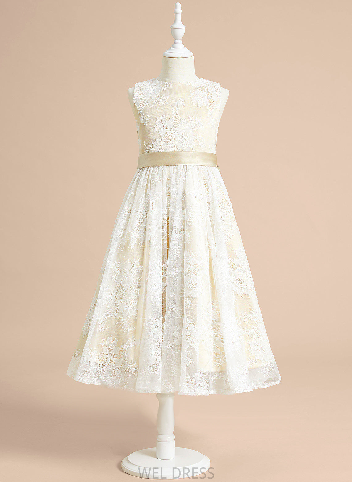 Rebekah Flower Girl Dresses Neck Tea-length Dress A-Line Sleeveless - Bow(s) Girl Flower With Scoop Satin/Lace