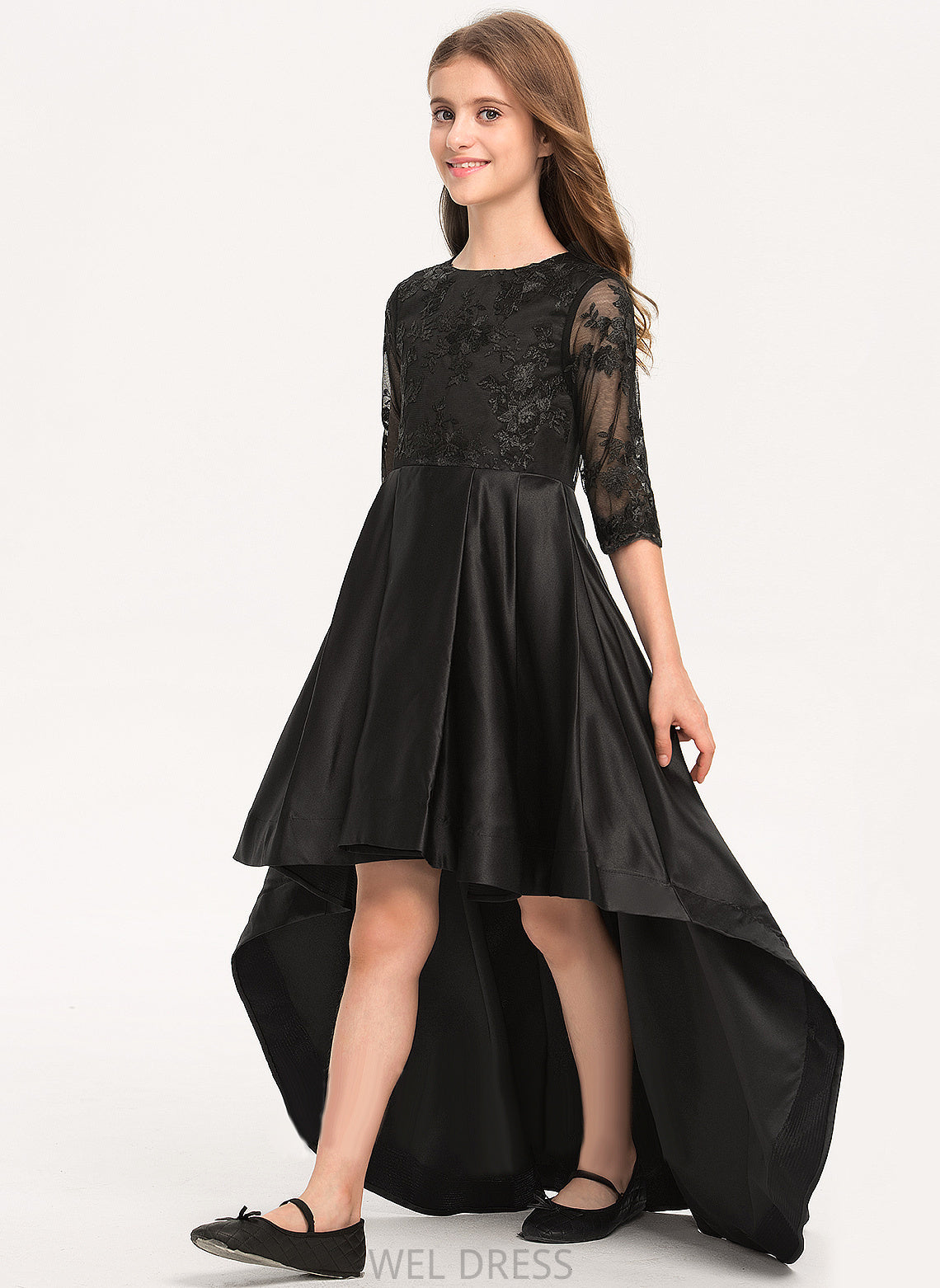 Scoop With Girl Asymmetrical Lace Sleeves 3/4 A-Line Flower - Sienna Neck Dress Satin Flower Girl Dresses