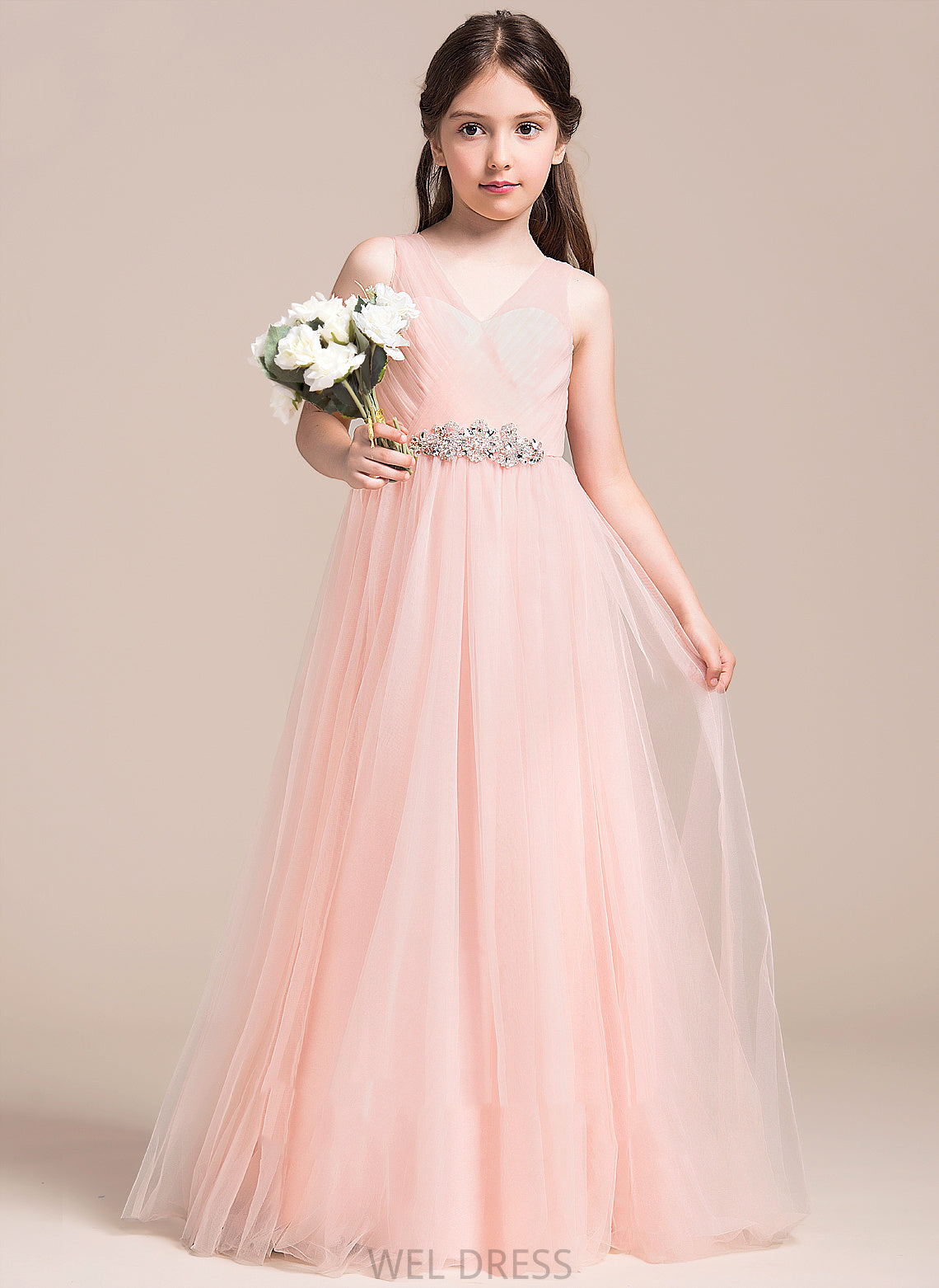 V-neck A-Line Flower Girl Dresses With Flower Sleeveless - Dress Floor-length Ruffles/Beading/Sequins Tulle Girl Audrey