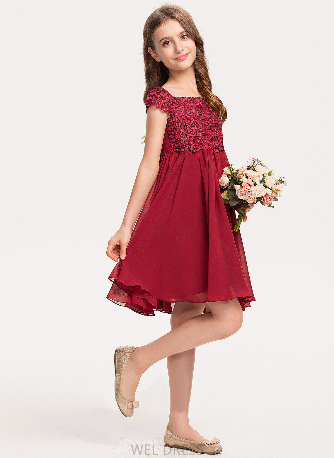 Girl Chiffon Short Flower Girl Dresses Sleeves Square Knee-length Neckline Flower - A-Line Dress Gabriela