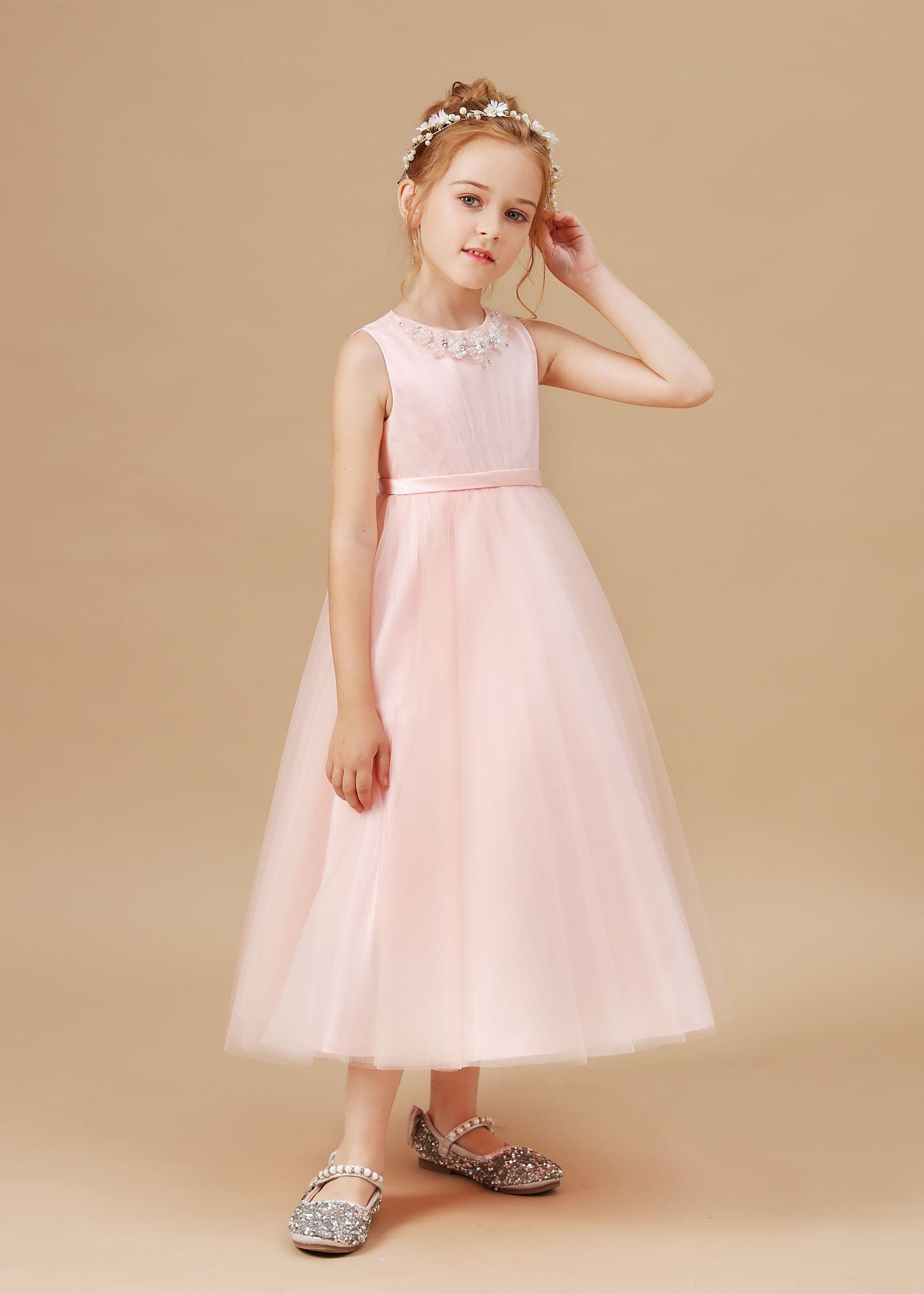 Sleeveless Applique Tulle Crepe Satin Flower Girl Dresses With Bowknot