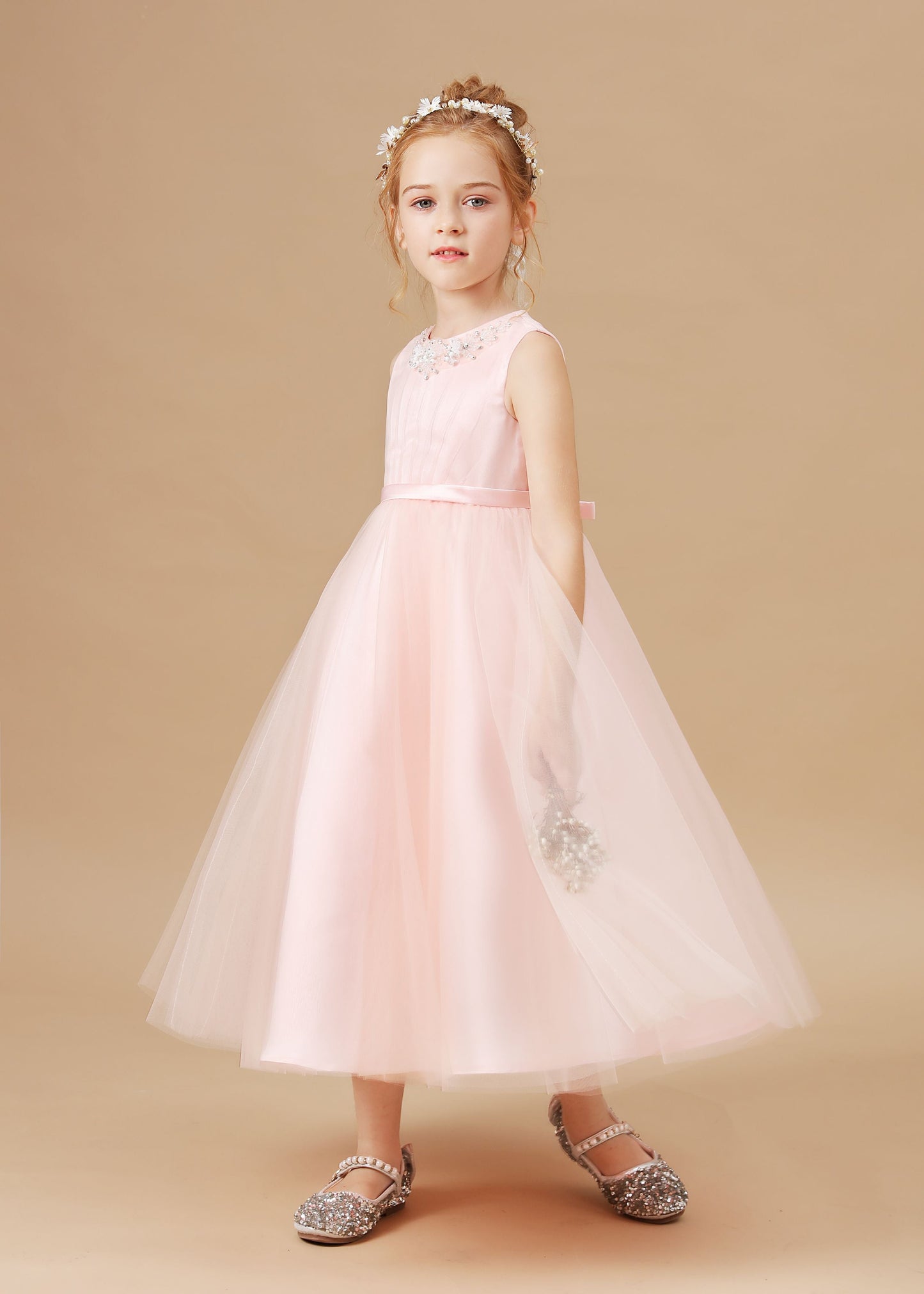 Sleeveless Applique Tulle Crepe Satin Flower Girl Dresses With Bowknot