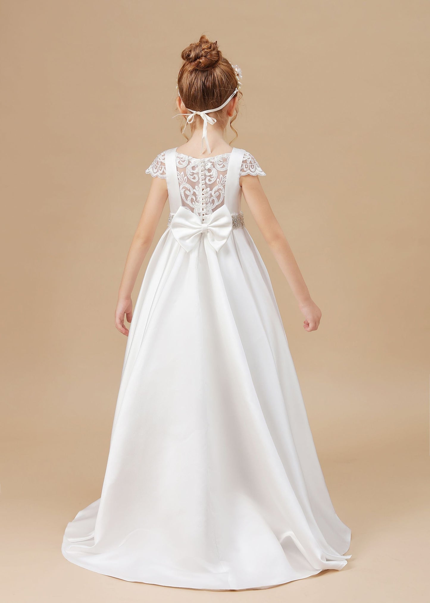 A-line Floor Length Bowknot Ivory Satin Flower Girl Dresses With Rhinestones Waist