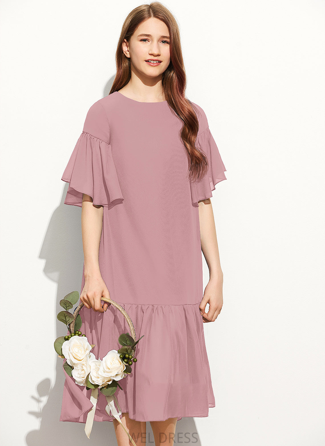 Neck With Cascading Chiffon Junior Bridesmaid Dresses Knee-Length A-Line Scoop Ruffles Cassie