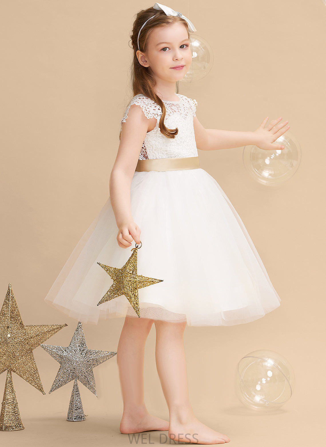 sash) Neck With A-Line Flower Girl Dresses (Undetachable Knee-length Flower Short Tulle/Lace Jaden Dress Scoop Sleeves Girl - Sash/Bow(s)