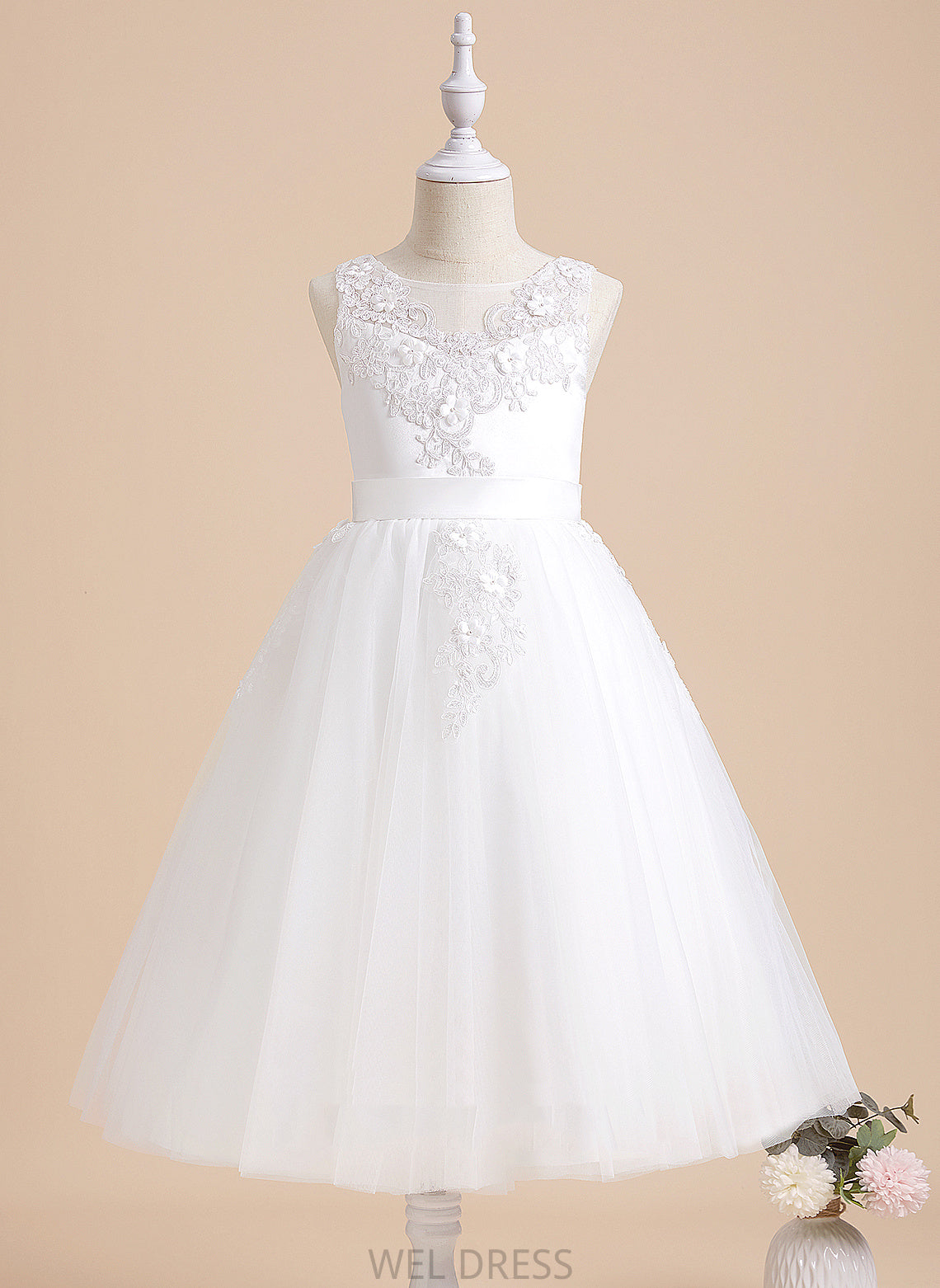 Kaitlin Flower Dress - Beading/Flower(s) Flower Girl Dresses A-Line Scoop Tea-length Sleeveless Girl With Neck Tulle/Lace