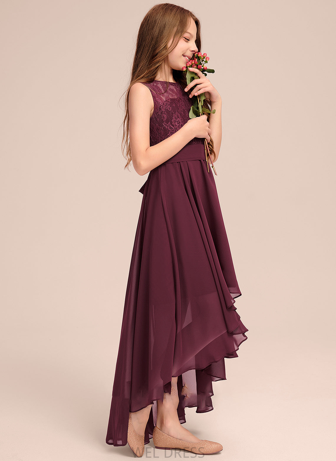 Beatrice A-Line Scoop Junior Bridesmaid Dresses With Chiffon Bow(s) Lace Asymmetrical Neck