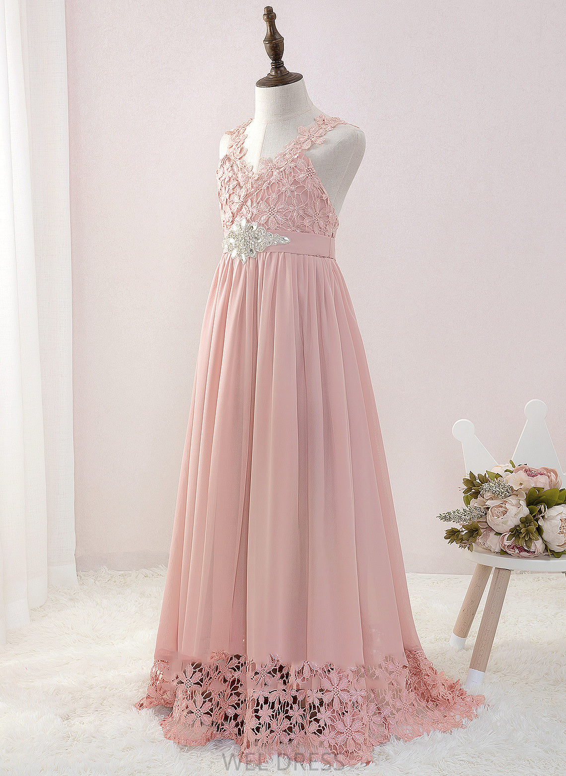 Flower Girl Dresses A-Line Jennifer Beading Dress Sleeveless Flower Girl Chiffon/Lace With V-neck Floor-length -