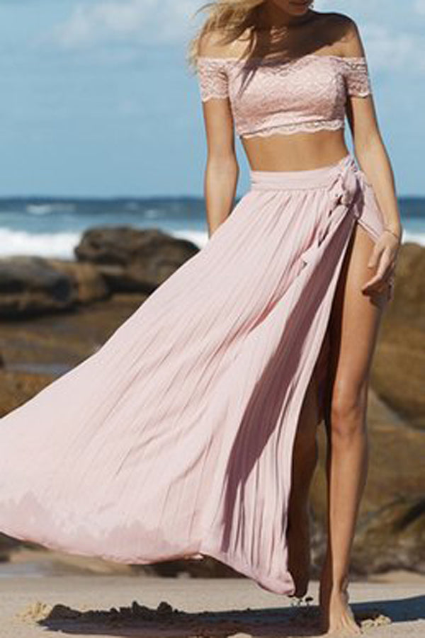 Pink Two Piece A Line Floor Length Off Shoulder Side Slit Lace Long Prom Dresses