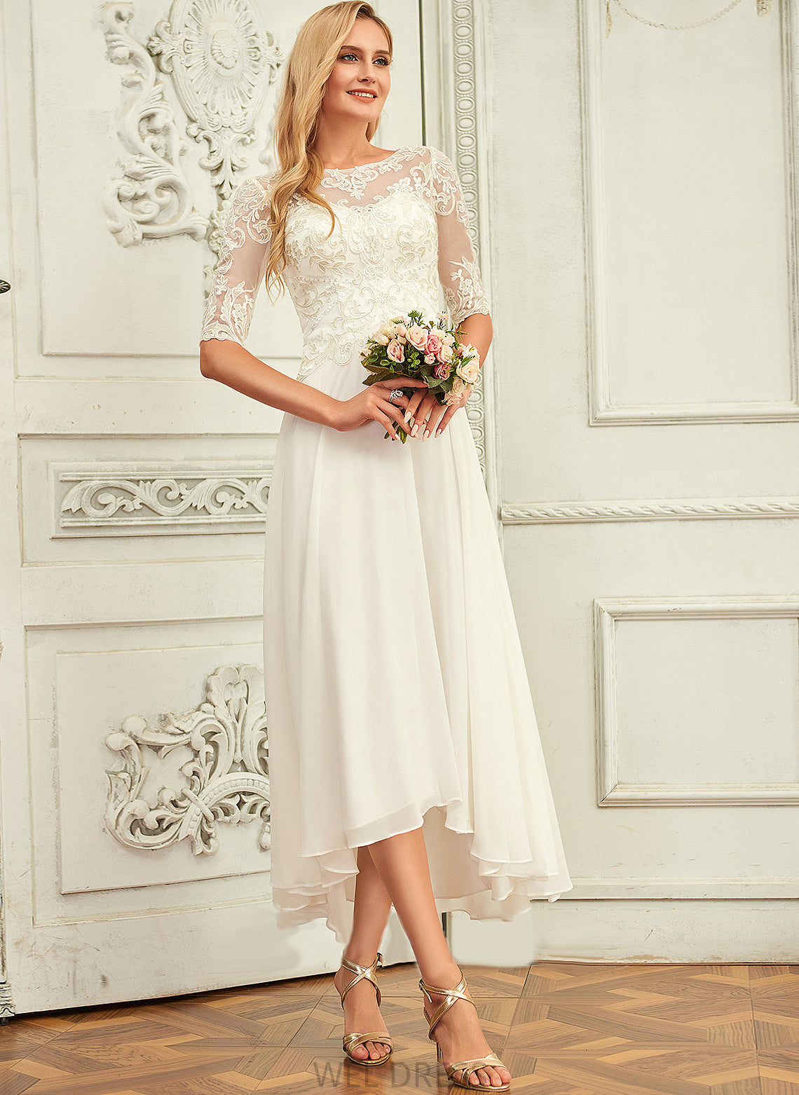 Sequins Rebekah Wedding Asymmetrical Lace Neck With Chiffon Dress Wedding Dresses Beading A-Line Scoop