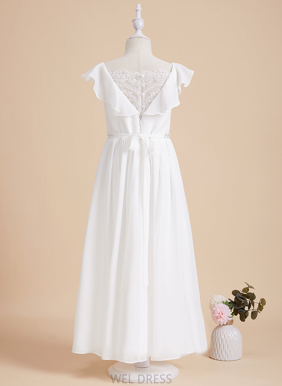 Ashly With Neck Ankle-length A-Line Chiffon/Lace Girl Short Sleeves Dress Flower Girl Dresses - Beading Flower Scoop