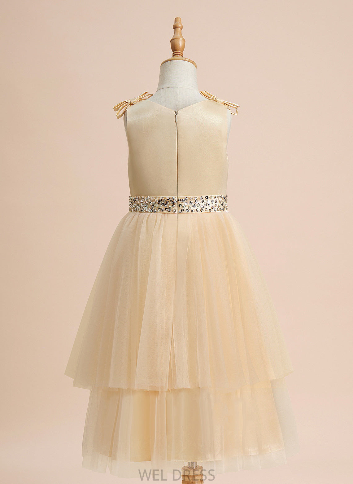 Sleeveless Scoop Camille - Girl Satin/Tulle Knee-length With Neck Beading/Sequins/Bow(s) Flower Girl Dresses Flower A-Line Dress