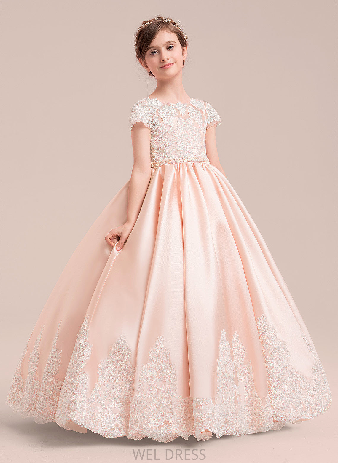 Flower Girl Dresses With Sleeves Ball Flower (Petticoat Floor-length Beading Scoop Short included) - Maddison Girl NOT Gown Neck Dress Satin/Tulle/Lace