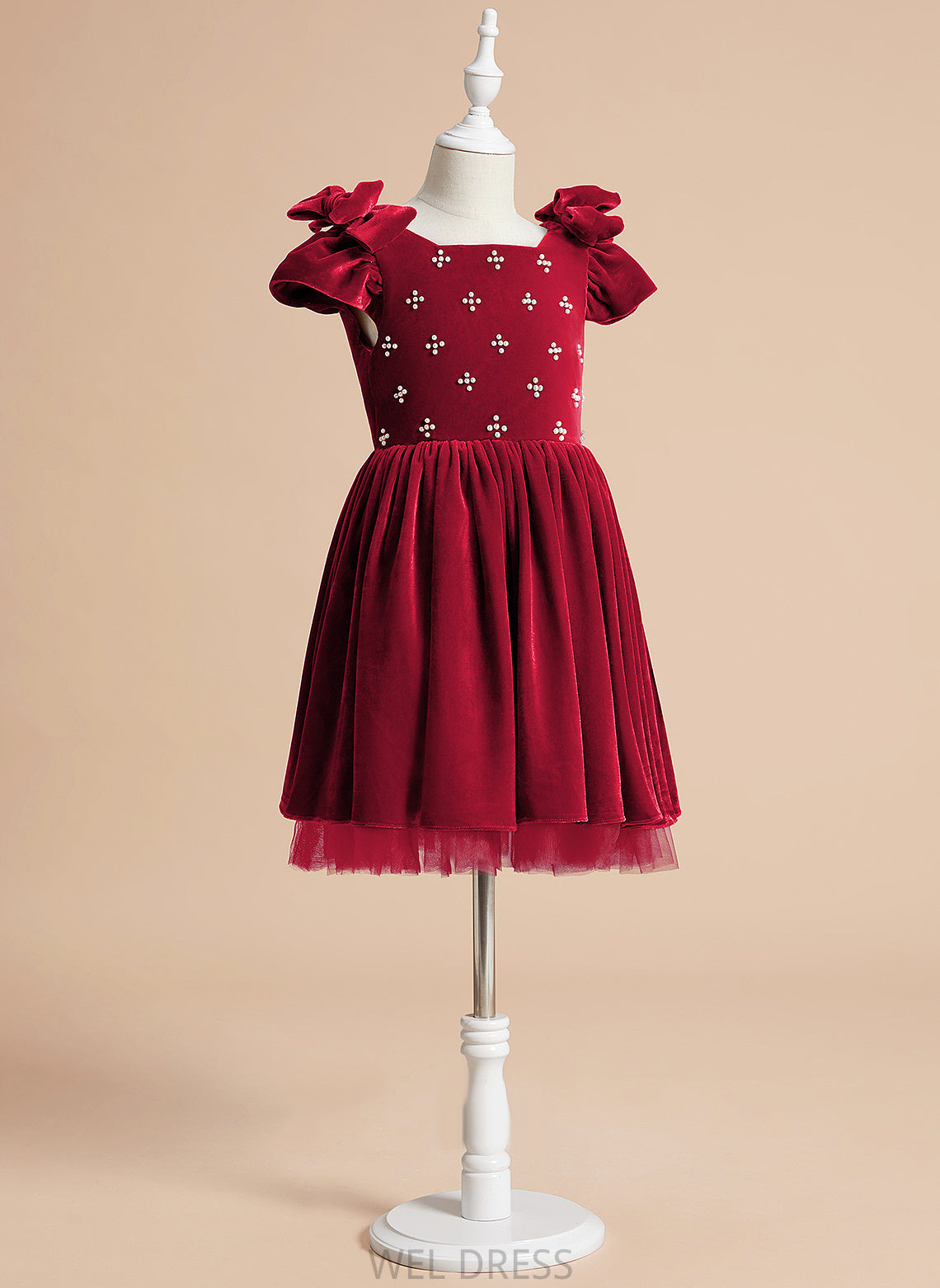 Sleeves Neck With Flower A-Line Skye U Velvet Girl - Short Dress Knee-length Flower Girl Dresses Beading