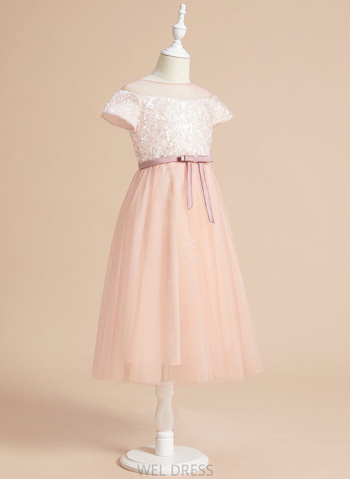 With Tea-length A-Line Sash/Bow(s) Aubrie Tulle Flower Sleeves Scoop Flower Girl Dresses Girl Dress - Short Neck