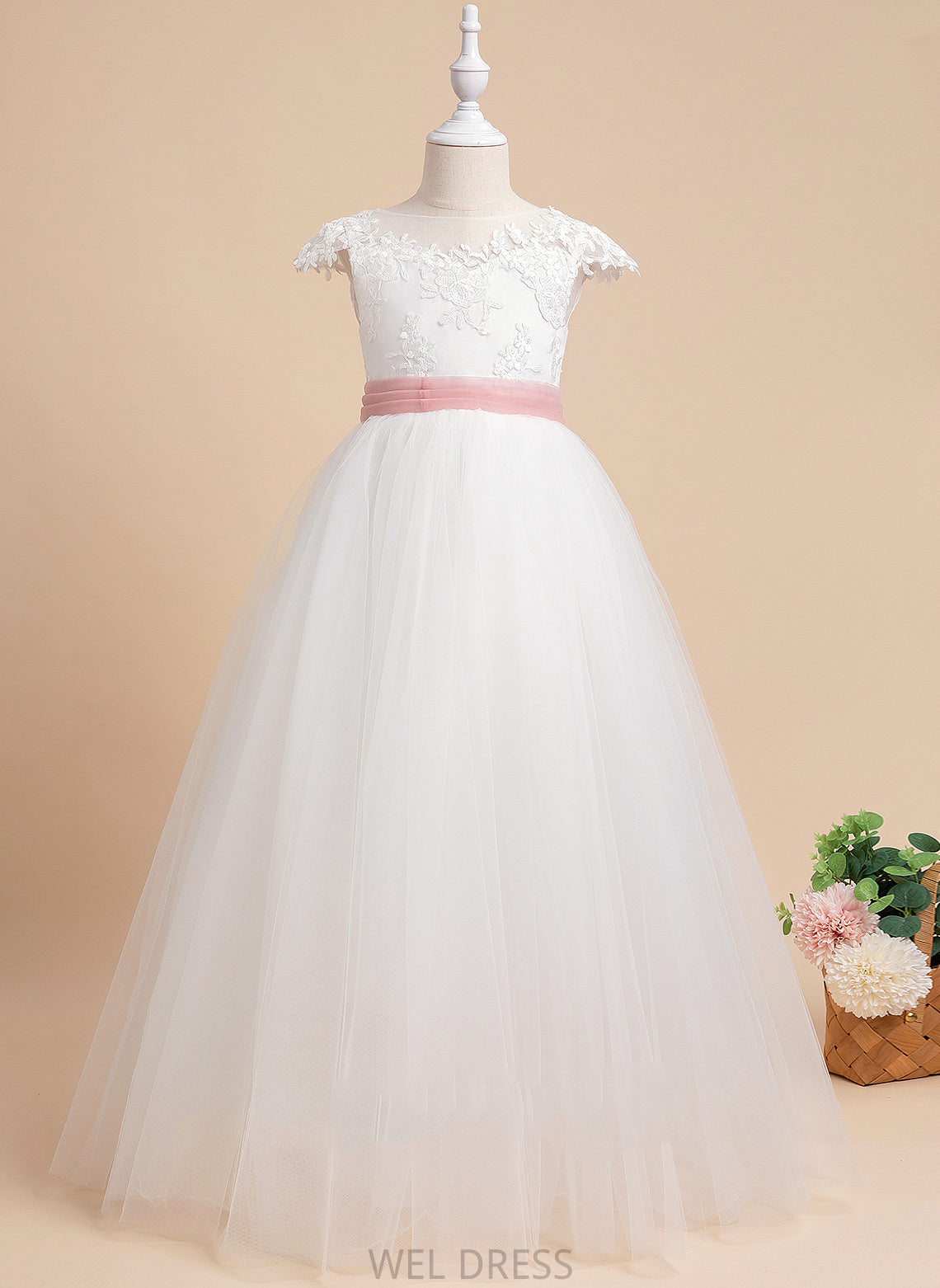 Lace/Sash Scoop Dress With Floor-length Girl Neck Lace Yuliana - Ball-Gown/Princess Flower Girl Dresses Flower Sleeveless