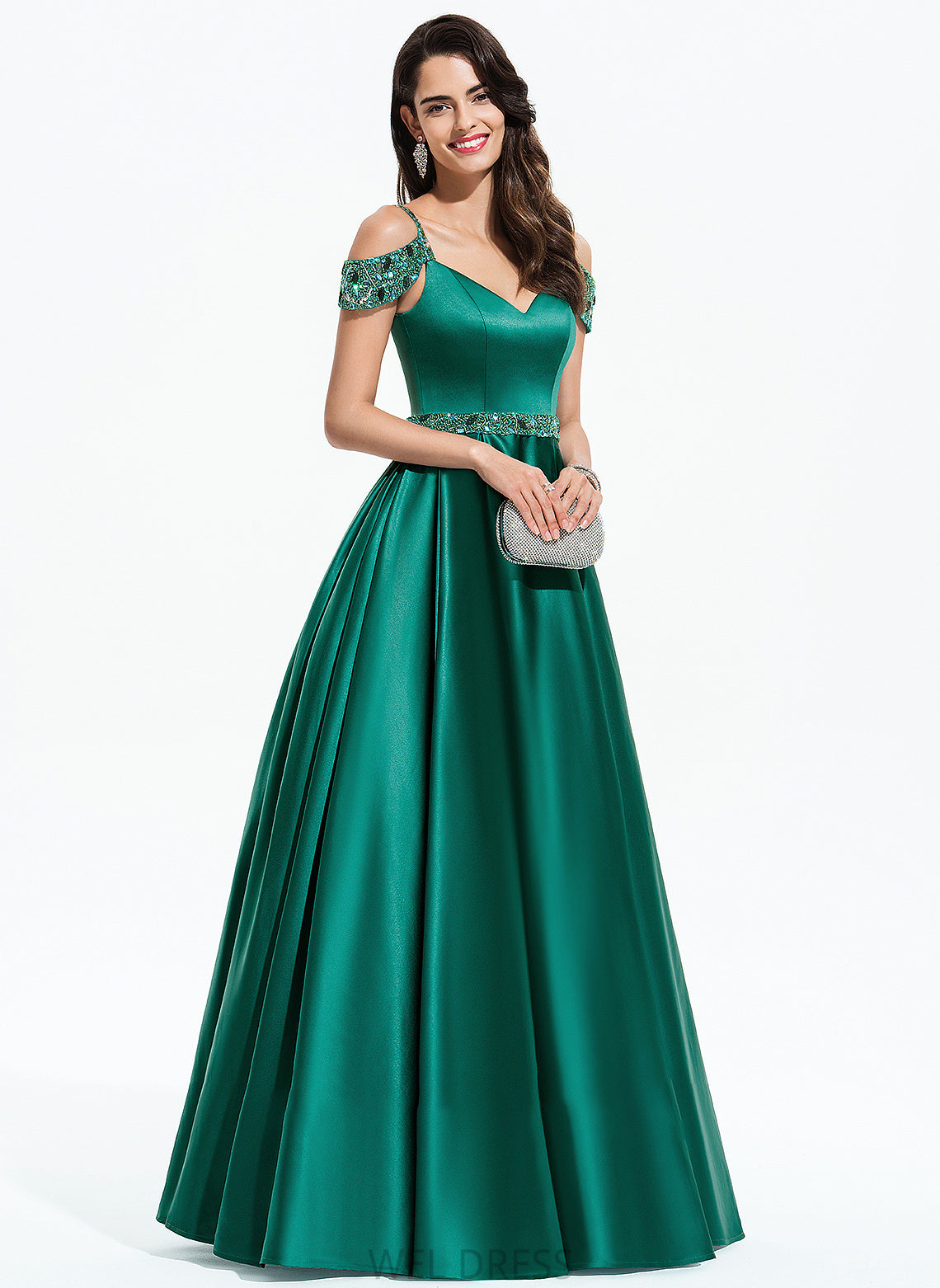 Esperanza Ball-Gown/Princess Prom Dresses Satin V-neck Floor-Length Sequins Beading With