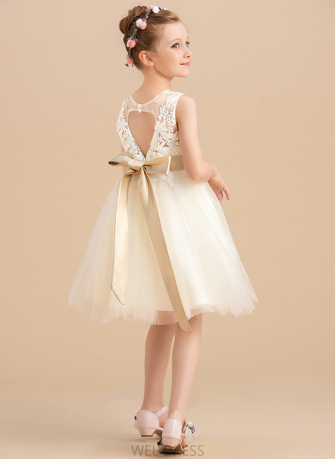 Neck Sash/Beading/Back With Hole Flower Girl Dresses Itzel - A-Line Girl Dress Scoop Sleeveless sash) (Detachable Knee-length Flower Tulle/Lace