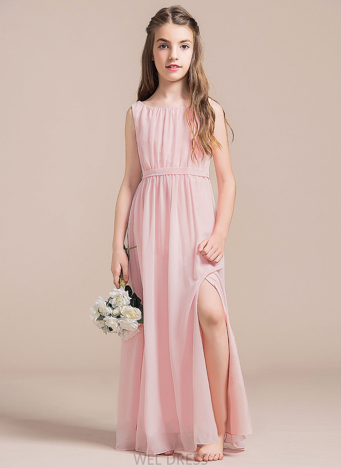 Chiffon Ruffle Junior Bridesmaid Dresses Joan Neck With Front Split Scoop A-Line Floor-Length