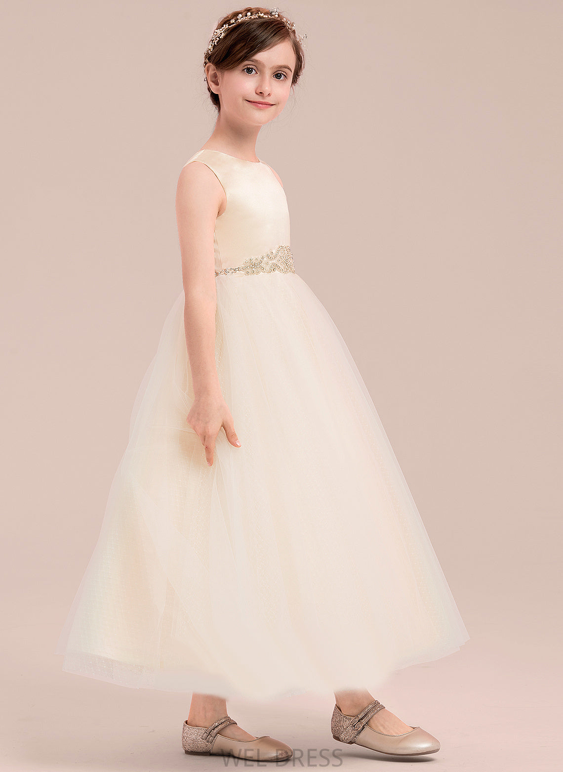 With Dress A-Line Flower Girl Dresses Rylie - Girl Satin/Tulle Beading Scoop Flower Ankle-length Sleeveless Neck