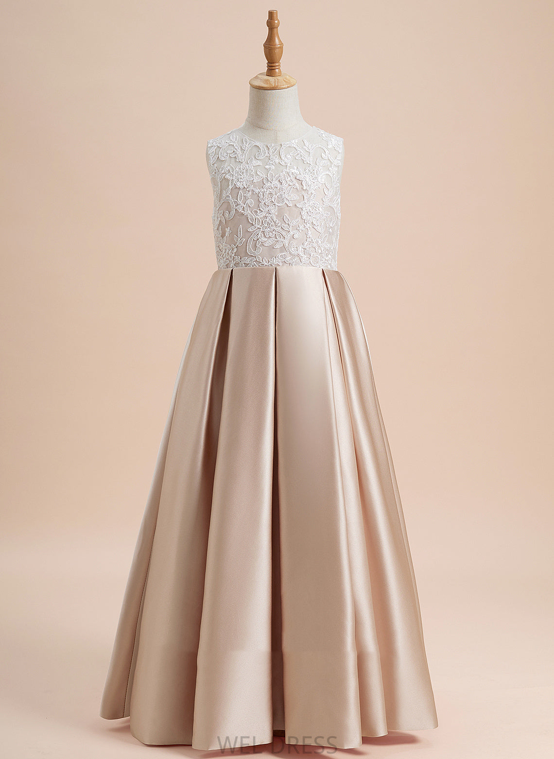 A-Line Scoop Floor-length Satin Neck Dress Flower Girl Dresses Flower Maia - With Sleeveless Girl Lace