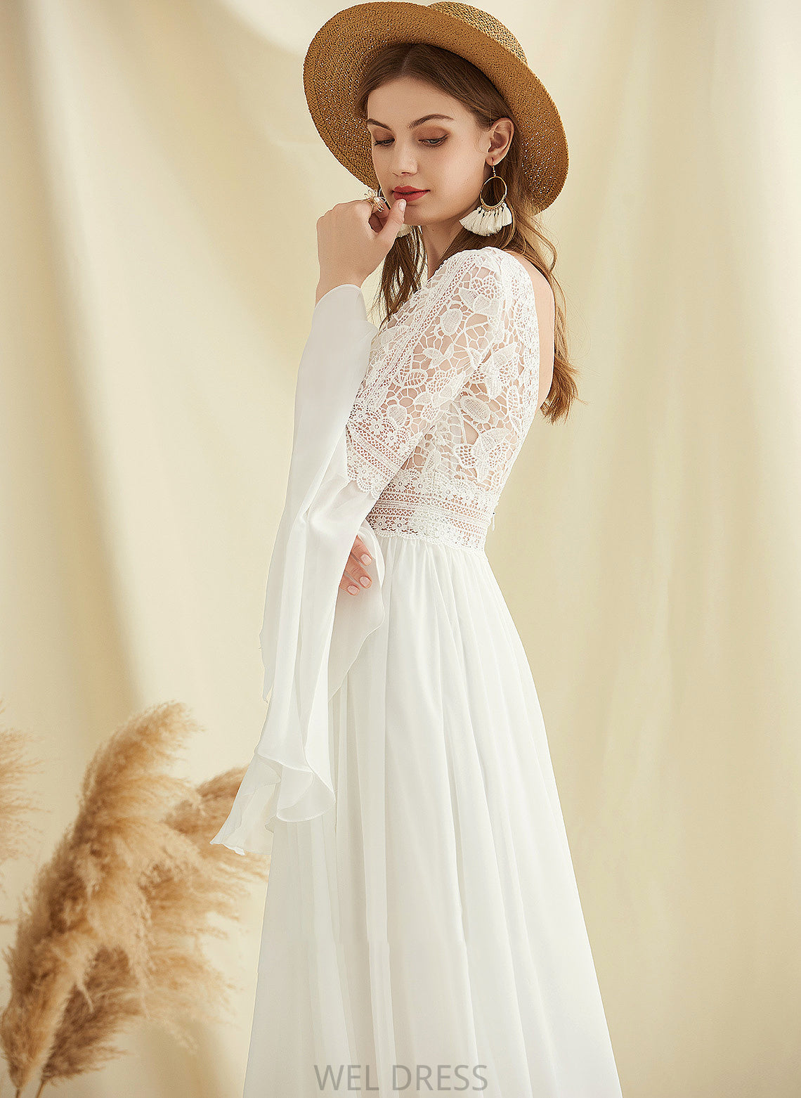 V-neck Chiffon Train With Split Wedding Sweep Dress Janae Lace Front A-Line Wedding Dresses