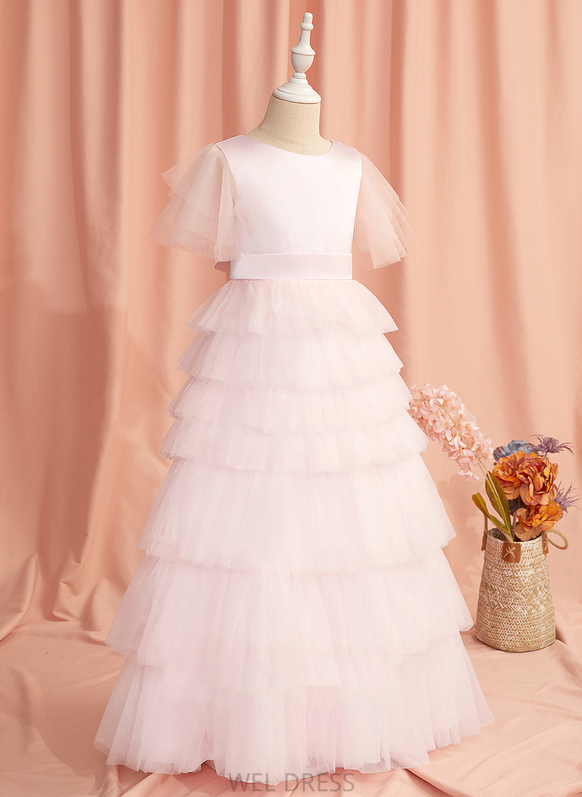 Flower Ball-Gown/Princess Floor-length Tulle Neck Kaylin With Scoop Girl Flower Girl Dresses Back - Short Ruffles/V Dress Sleeves