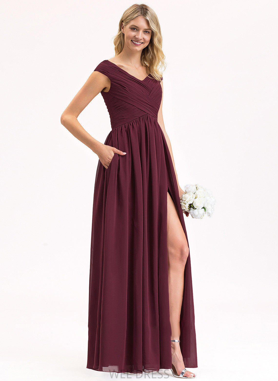 Ada Prom Dresses Ruffle With Off-the-Shoulder Chiffon A-Line Floor-Length Pockets Split Front