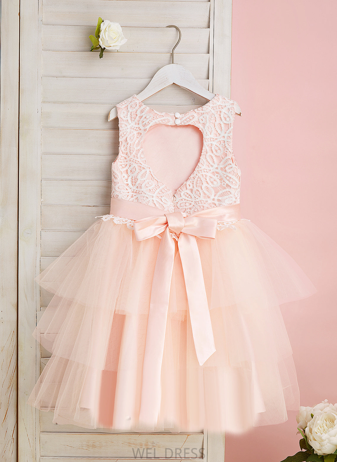 With Flower Neck Matilda Satin/Tulle Scoop Hole Flower Girl Dresses - Lace/Flower(s)/Back Dress Girl Sleeveless Knee-length Ball-Gown/Princess