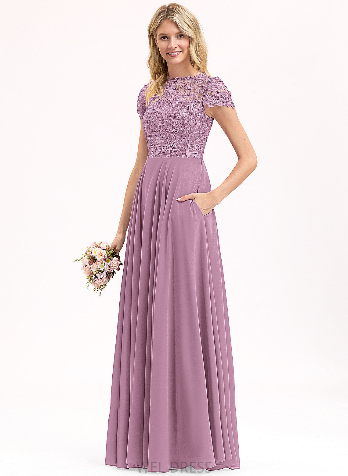 Chiffon With Prom Dresses Lace A-Line Pockets Neck Angelique Floor-Length Scoop