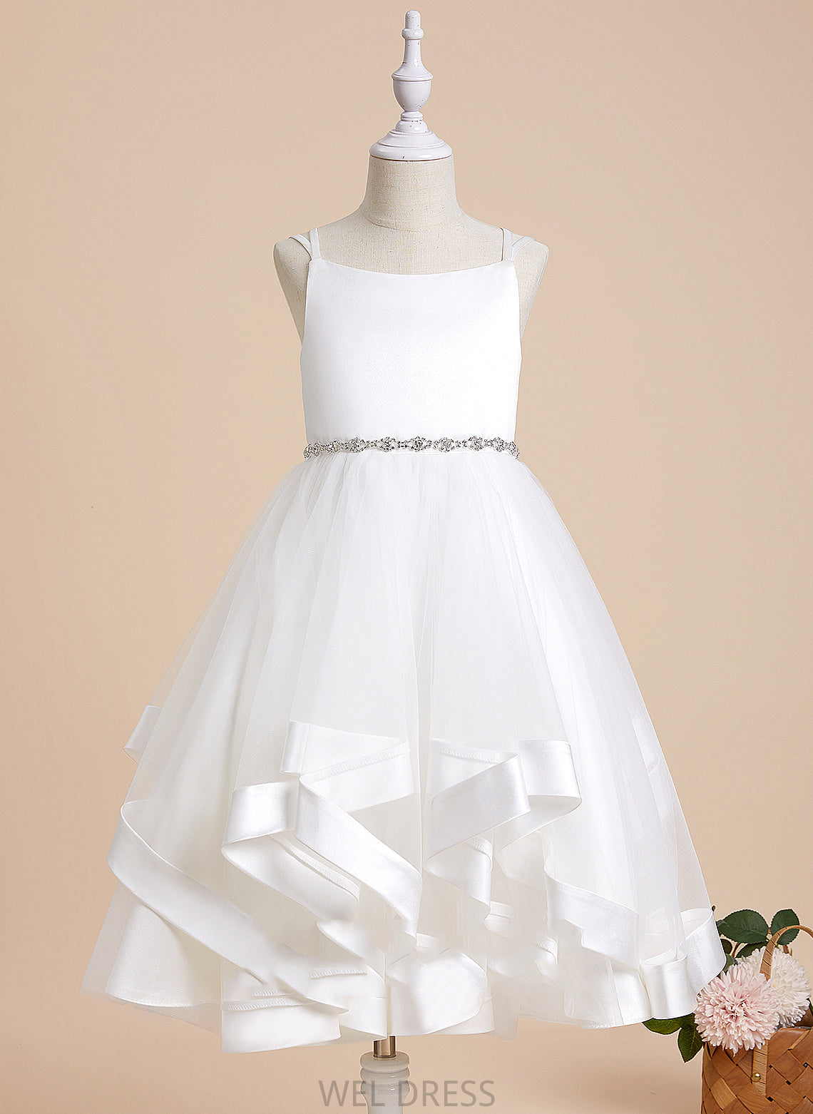 Tea-length Dress Flower Straps Girl - Carolyn Satin/Tulle Sleeveless Flower Girl Dresses With A-Line Beading