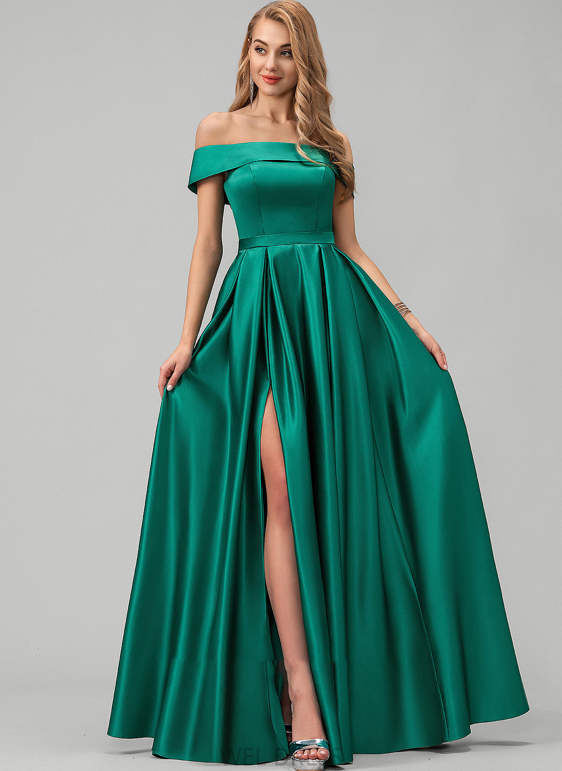 Satin Prom Dresses Pockets Floor-Length Ball-Gown/Princess Split Jazlyn With Off-the-Shoulder Front