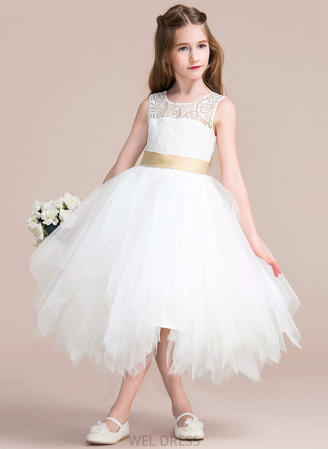 Neck Tulle/Lace Girl sash) (Detachable Scoop Tea-length With Sash/Back Hole Flower Girl Dresses Flower Sleeveless A-Line Dress - Ashlyn