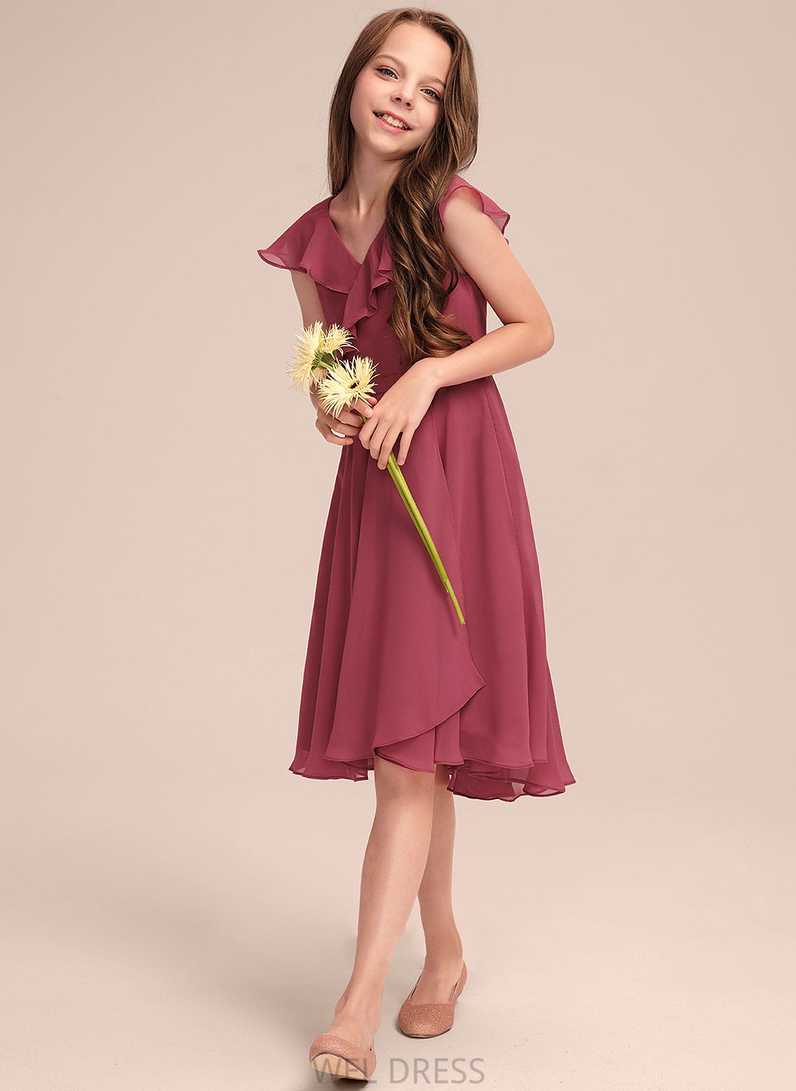 Junior Bridesmaid Dresses Asymmetrical Lilia V-neck A-Line Cascading With Chiffon Ruffles