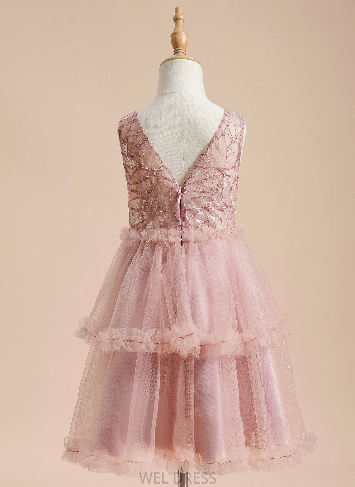 Sleeveless A-Line Abigayle Sequins/Pleated/V - Neck Flower Scoop Girl With Flower Girl Dresses Back Tulle Dress Knee-length